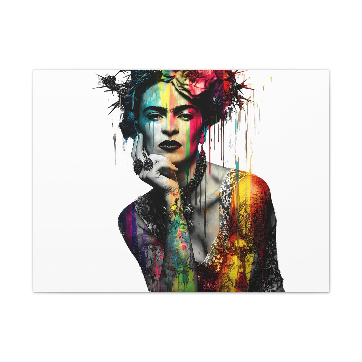 Frida Kahlo inspired Floral Canvas Art - Vibrant Stretched Wall Decor