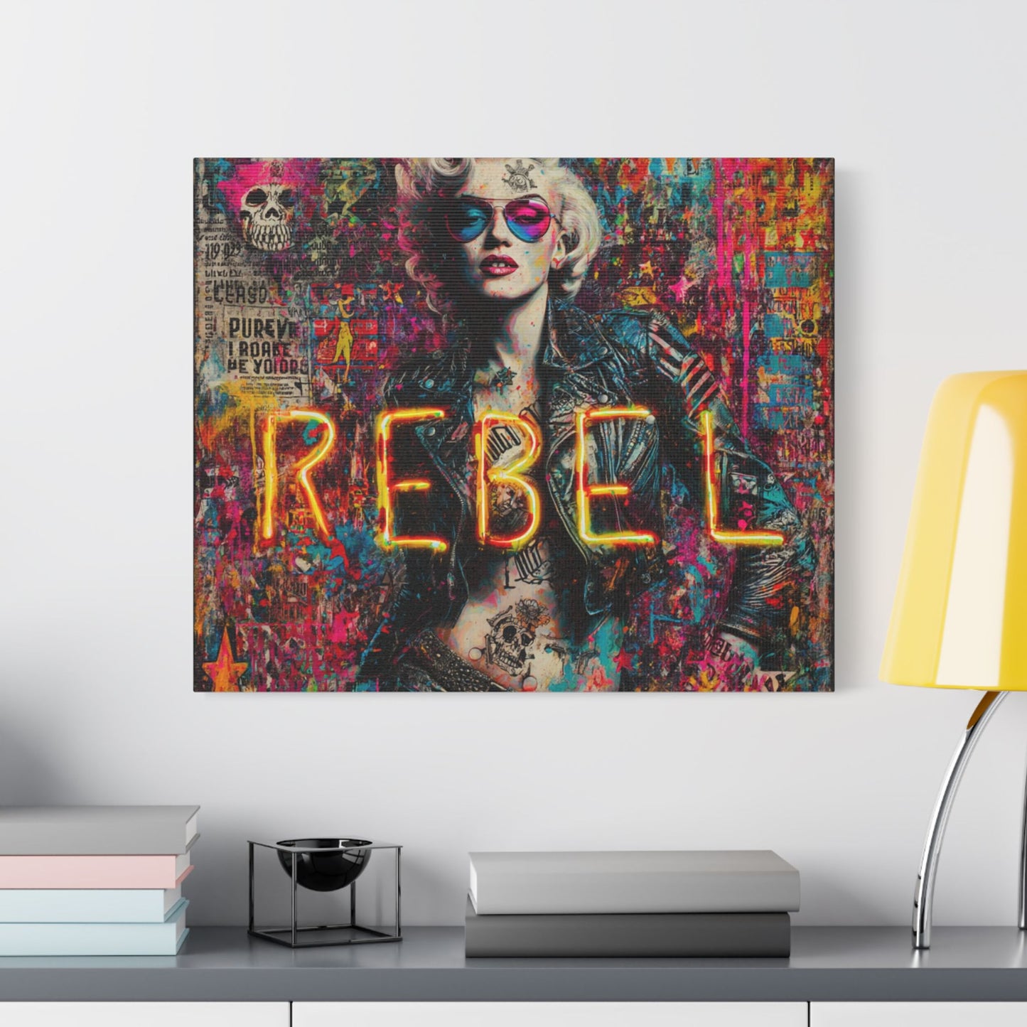 Rebel Art Canvas Wall Decor, Cool Bedroom Wall Art, Modern Aesthetic Home Decor, Gift for Artists, Neon Artwork
