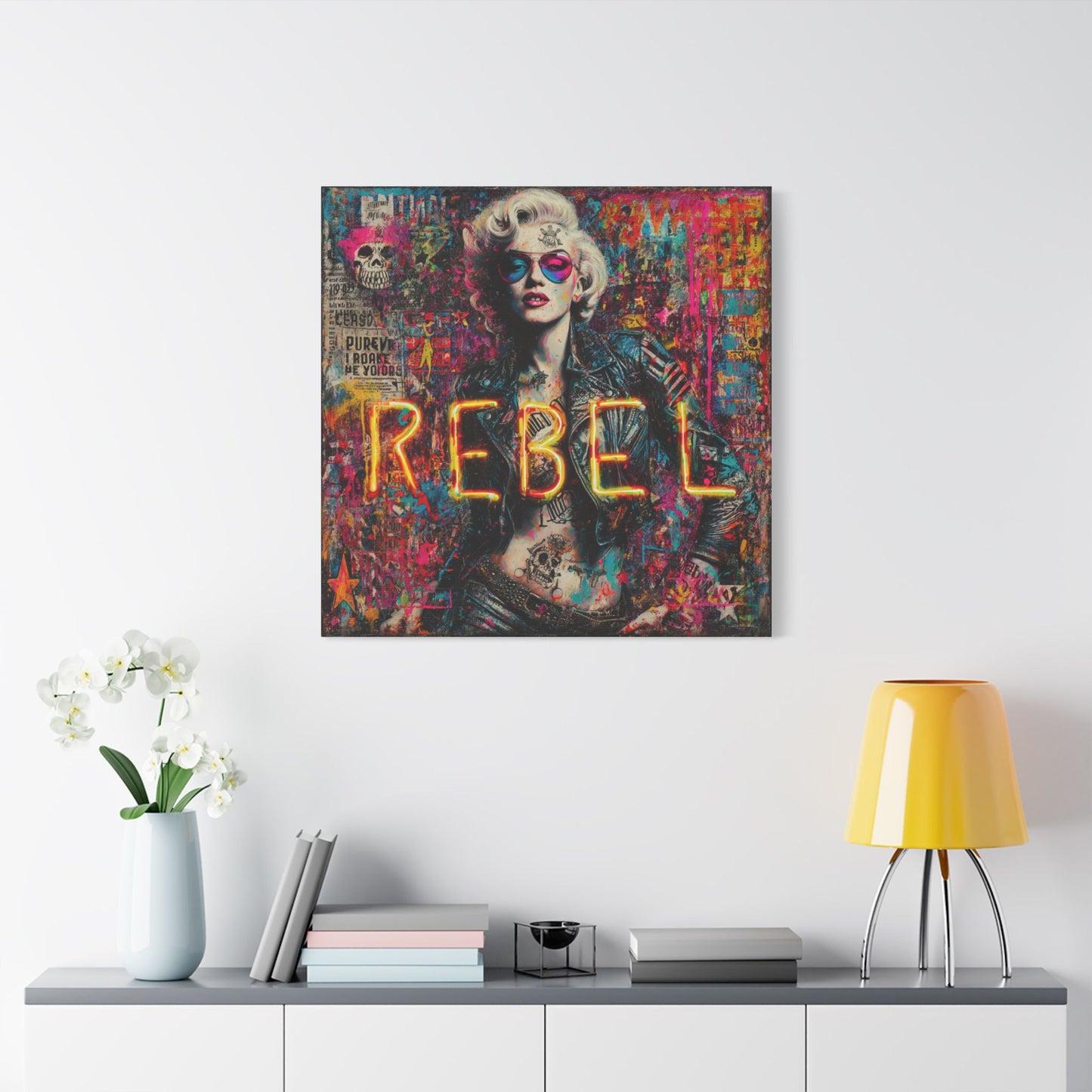Rebel Art Canvas Wall Decor, Cool Bedroom Wall Art, Modern Aesthetic Home Decor, Gift for Artists, Neon Artwork