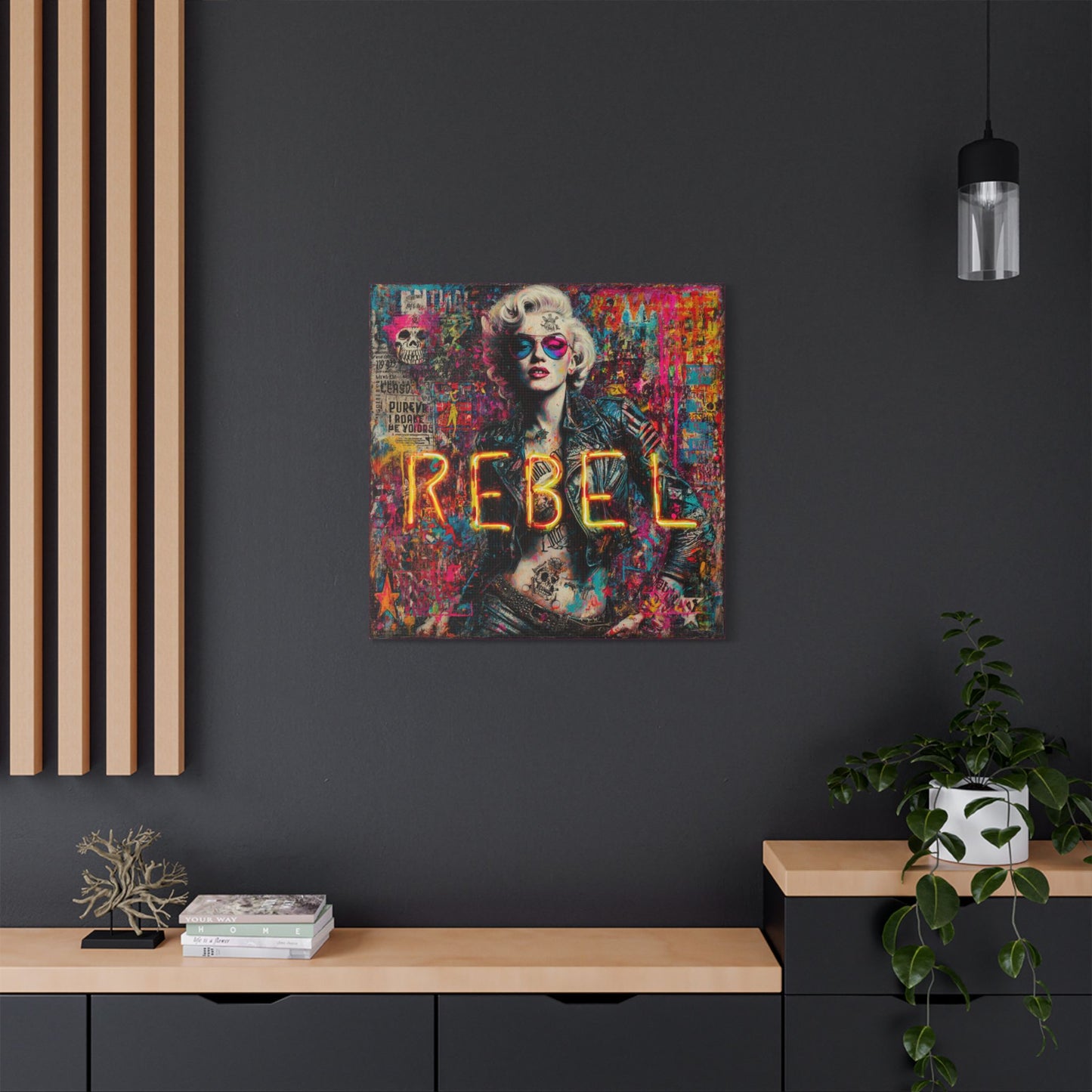 Rebel Art Canvas Wall Decor, Cool Bedroom Wall Art, Modern Aesthetic Home Decor, Gift for Artists, Neon Artwork