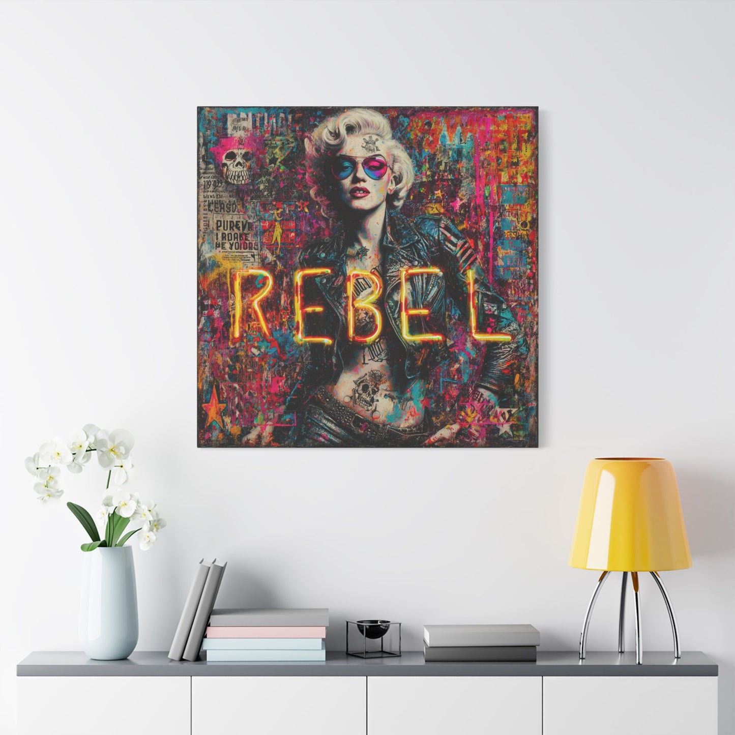 Rebel Art Canvas Wall Decor, Cool Bedroom Wall Art, Modern Aesthetic Home Decor, Gift for Artists, Neon Artwork