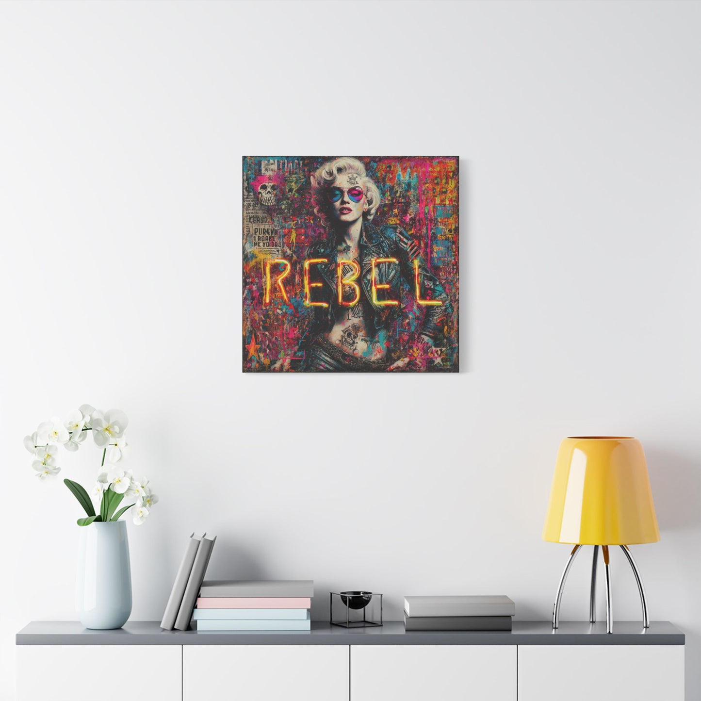 Rebel Art Canvas Wall Decor, Cool Bedroom Wall Art, Modern Aesthetic Home Decor, Gift for Artists, Neon Artwork