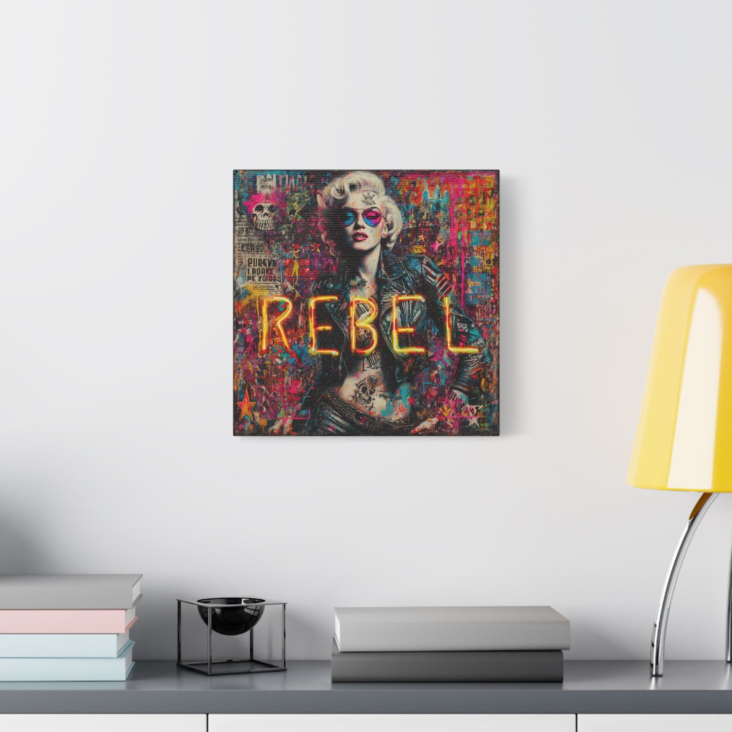 Rebel Art Canvas Wall Decor, Cool Bedroom Wall Art, Modern Aesthetic Home Decor, Gift for Artists, Neon Artwork