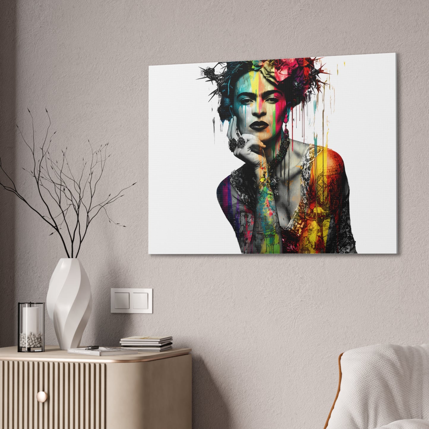 Frida Kahlo inspired Floral Canvas Art - Vibrant Stretched Wall Decor