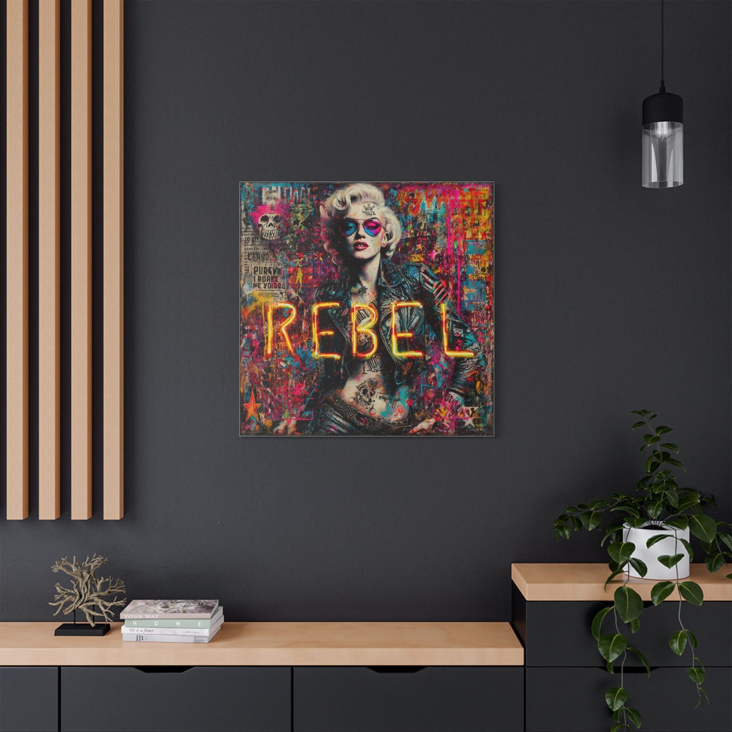Rebel Art Canvas Wall Decor, Cool Bedroom Wall Art, Modern Aesthetic Home Decor, Gift for Artists, Neon Artwork