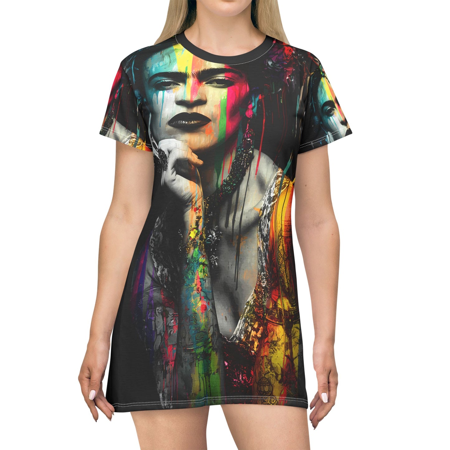 Frida Inspired T-Shirt Dress, Colorful Art Apparel, Unique Gift for Art Lovers, Casual Wear, Statement Dress, Women's Fashion