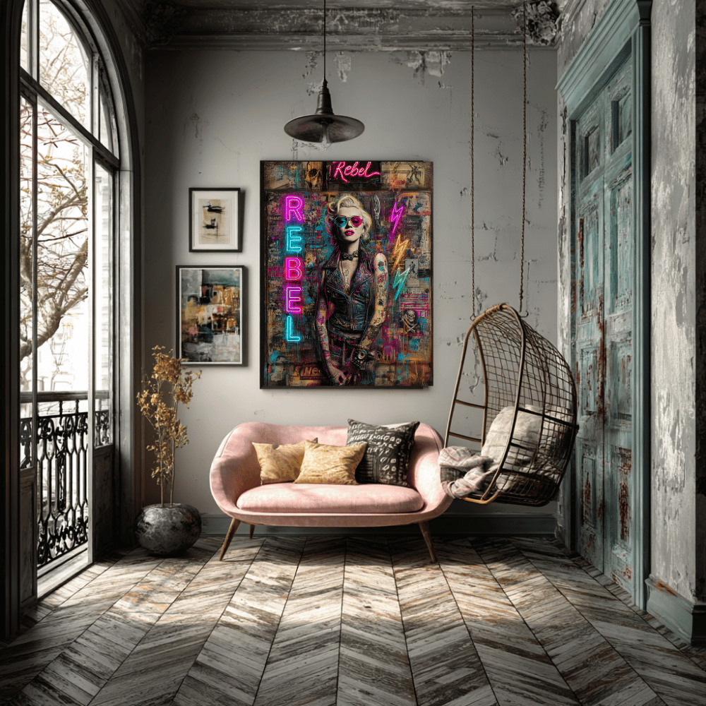Rebel Art Canvas Wall Decor, Cool Bedroom Wall Art, Modern Aesthetic Home Decor, Gift for Artists, Neon Artwork