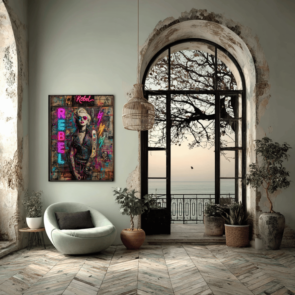 Rebel Art Canvas Wall Decor, Cool Bedroom Wall Art, Modern Aesthetic Home Decor, Gift for Artists, Neon Artwork