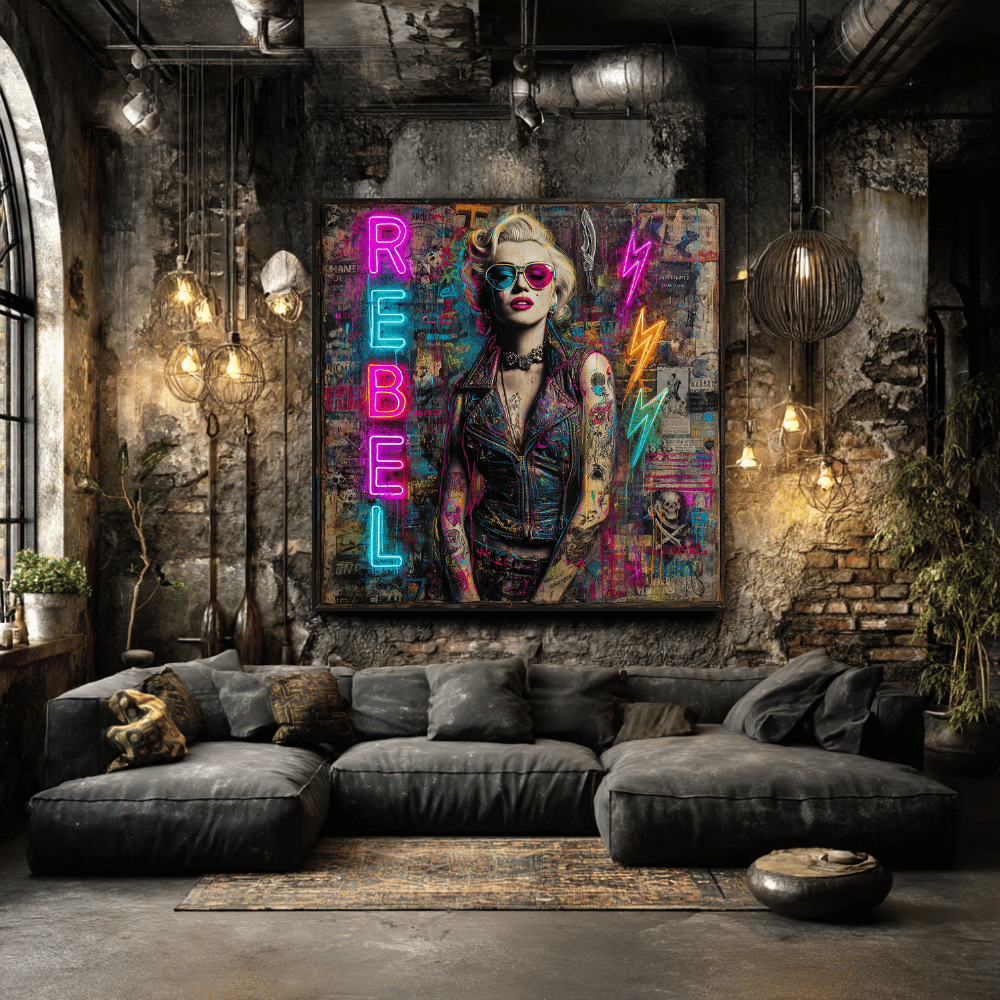 Rebel Art Canvas Wall Decor, Cool Bedroom Wall Art, Modern Aesthetic Home Decor, Gift for Artists, Neon Artwork