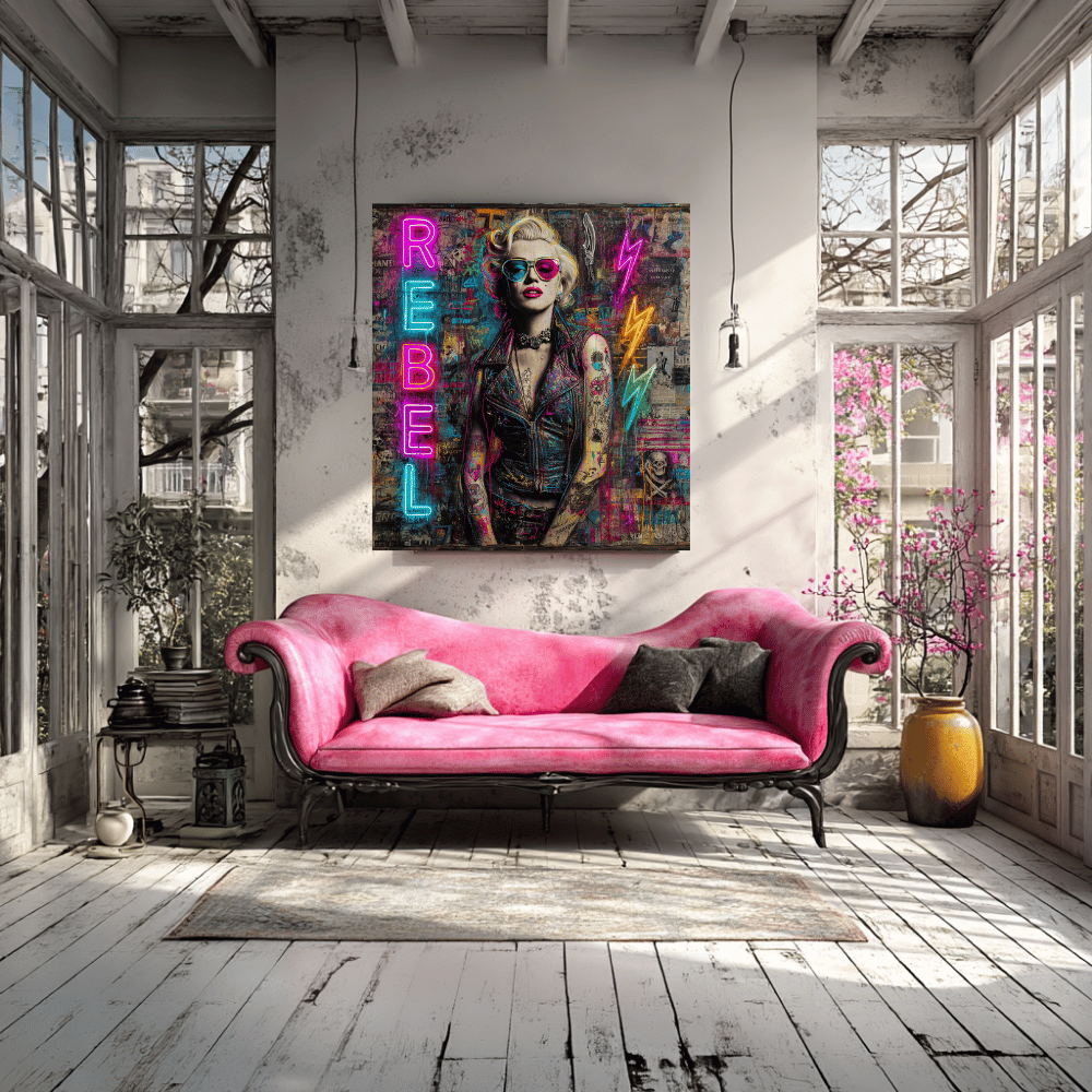 Rebel Art Canvas Wall Decor, Cool Bedroom Wall Art, Modern Aesthetic Home Decor, Gift for Artists, Neon Artwork