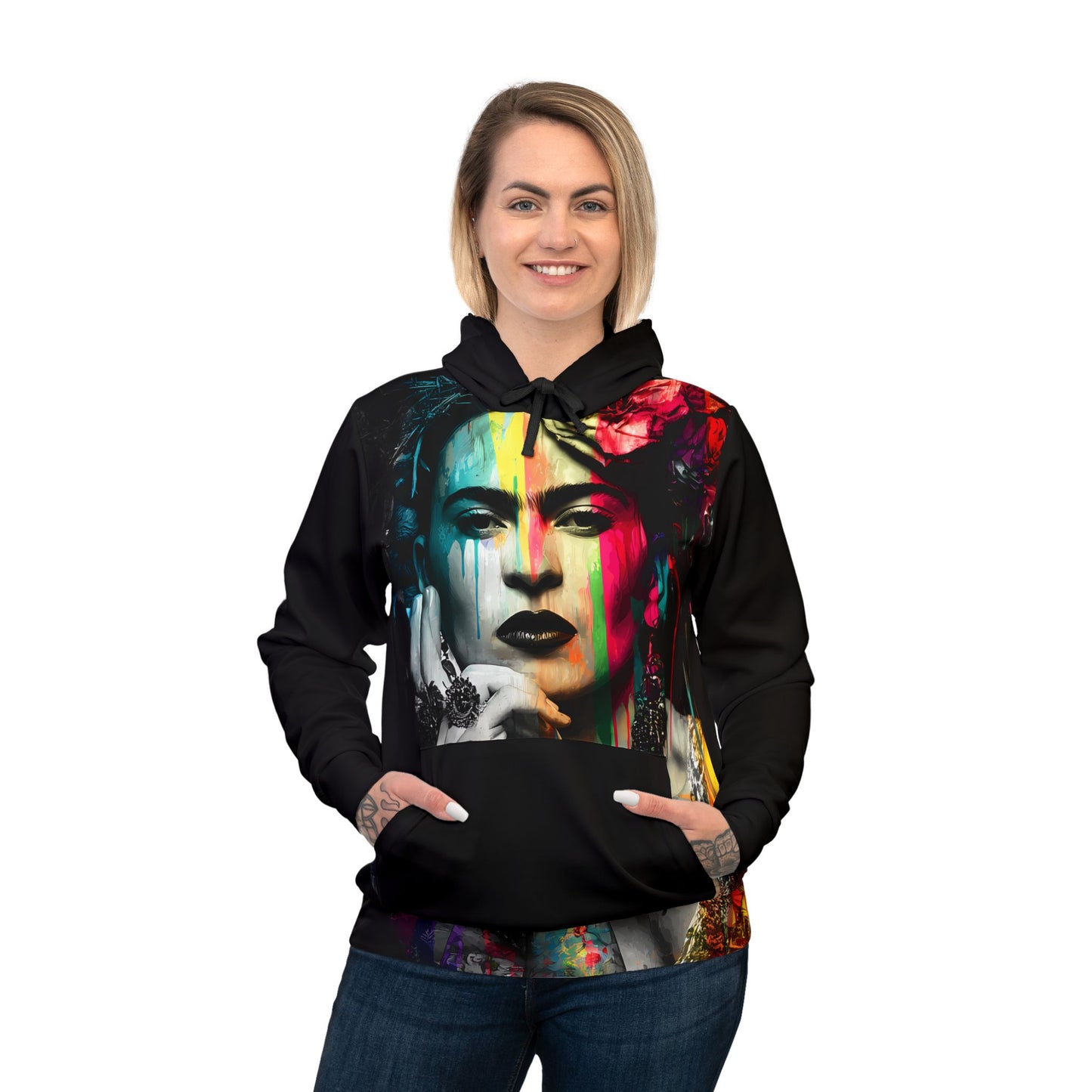 Frida Kahlo Inspired Athletic Hoodie, Artistic Sportwear, Unique Sweatshirt, Gift for Artists, Colorful Hoodie for Everyday