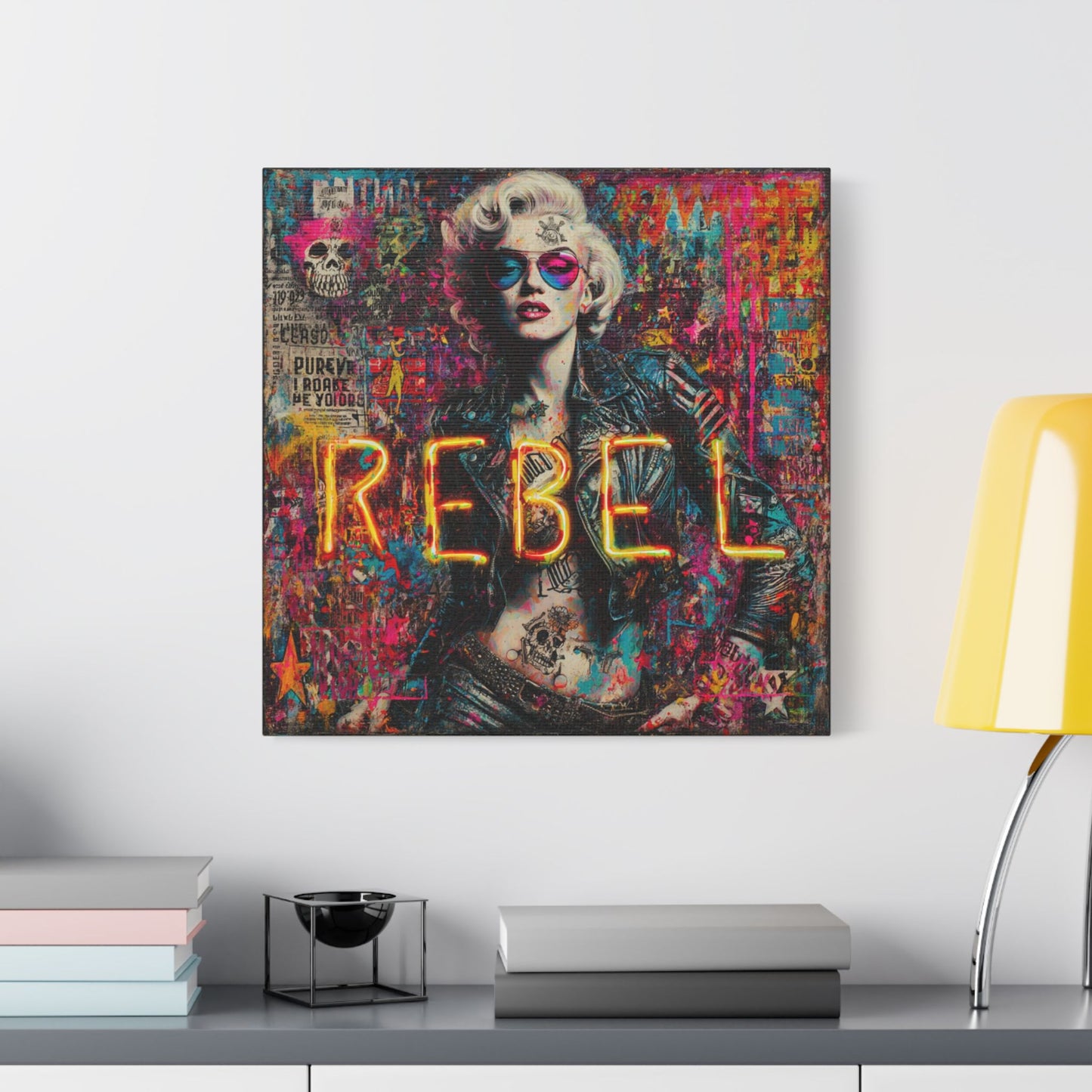 Rebel Art Canvas Wall Decor, Cool Bedroom Wall Art, Modern Aesthetic Home Decor, Gift for Artists, Neon Artwork