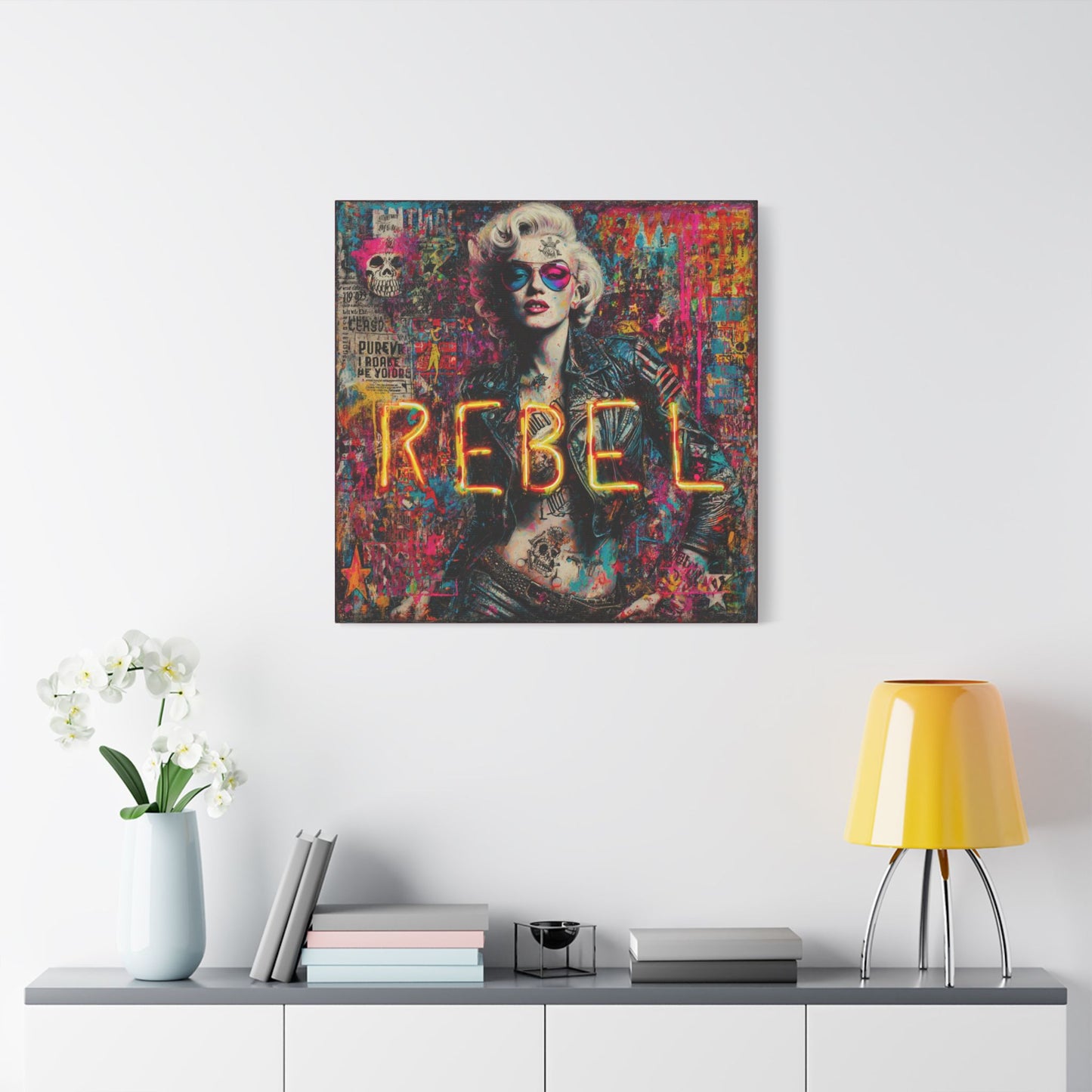Rebel Art Canvas Wall Decor, Cool Bedroom Wall Art, Modern Aesthetic Home Decor, Gift for Artists, Neon Artwork