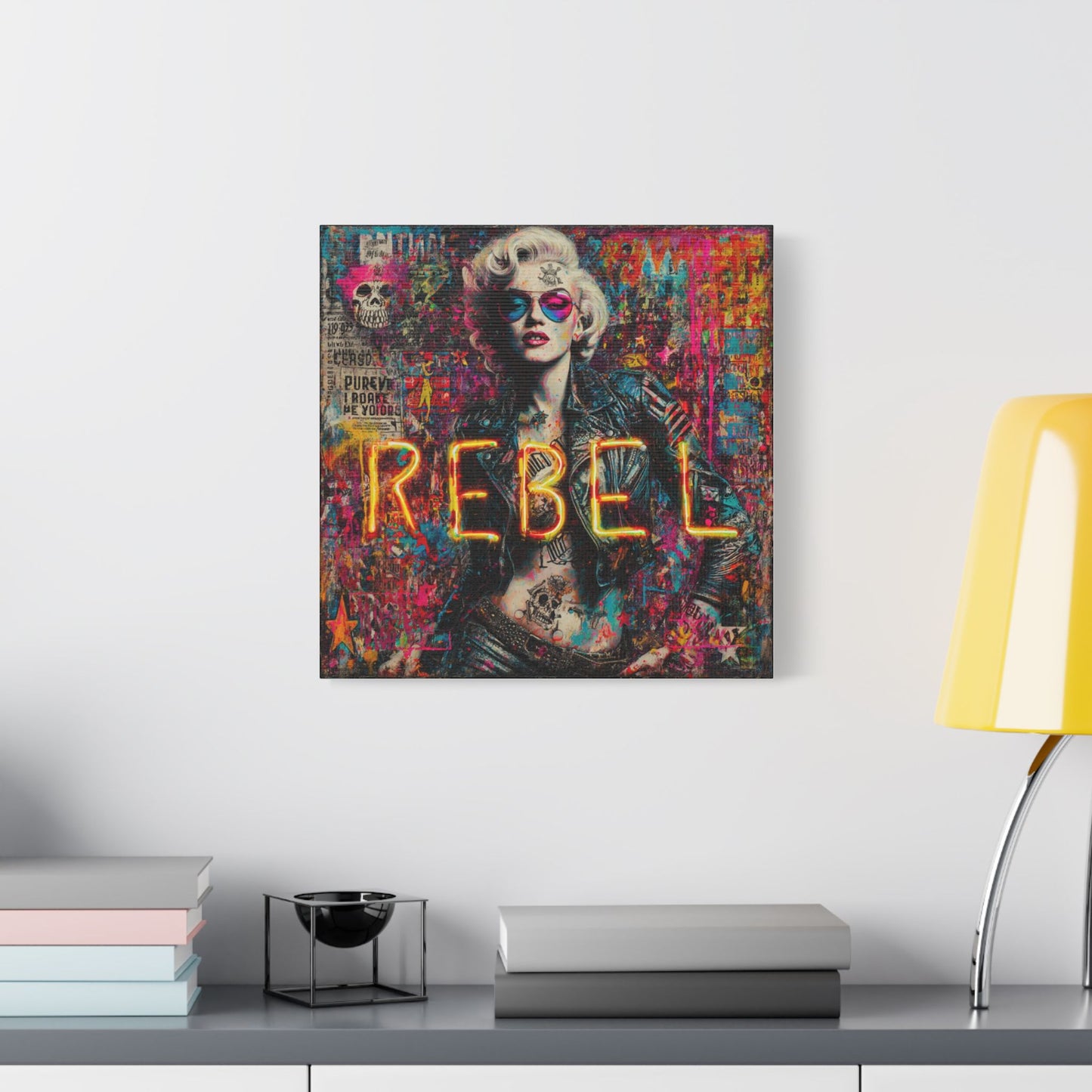 Rebel Art Canvas Wall Decor, Cool Bedroom Wall Art, Modern Aesthetic Home Decor, Gift for Artists, Neon Artwork