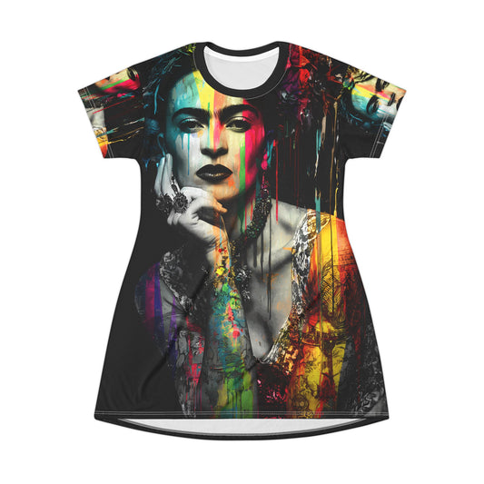 Frida Inspired T-Shirt Dress, Colorful Art Apparel, Unique Gift for Art Lovers, Casual Wear, Statement Dress, Women's Fashion