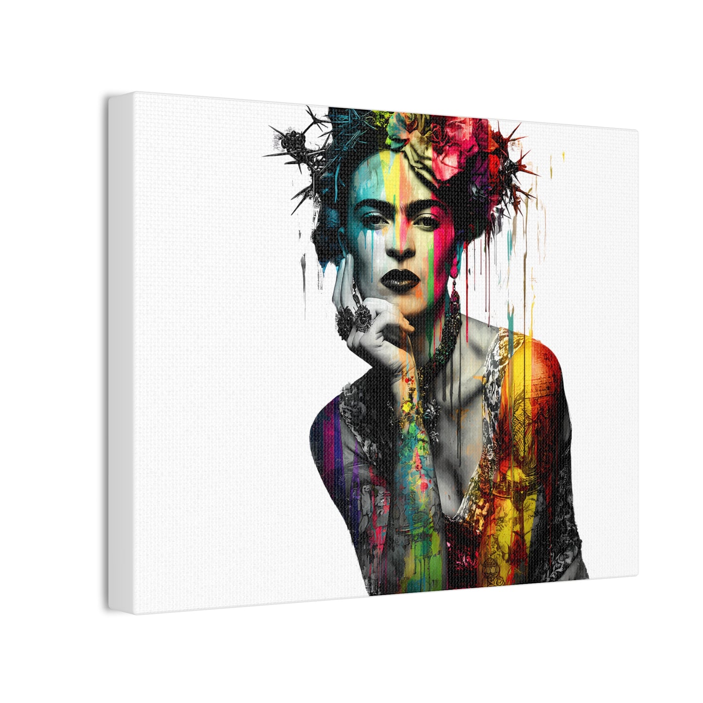 Frida Kahlo inspired Floral Canvas Art - Vibrant Stretched Wall Decor