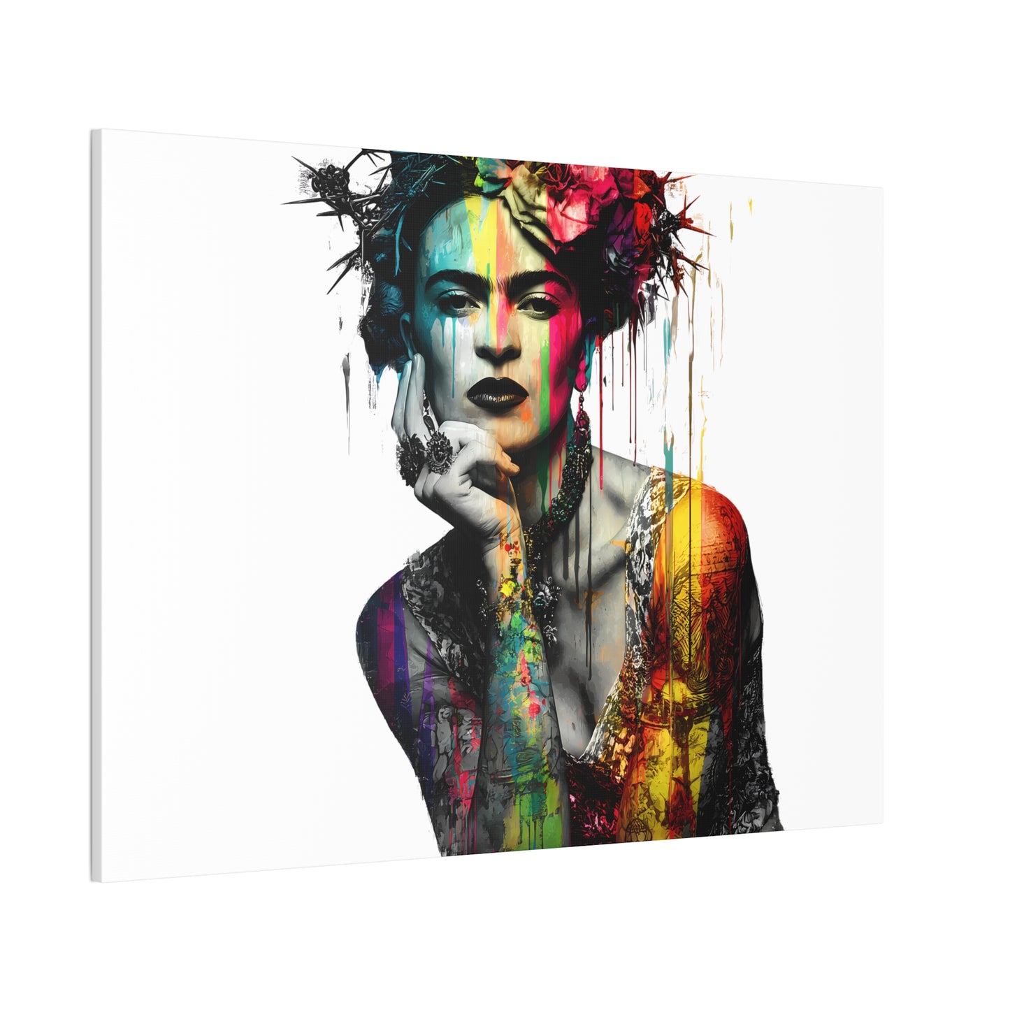 Frida Kahlo inspired Floral Canvas Art - Vibrant Stretched Wall Decor