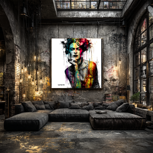 Frida Kahlo inspired Floral Canvas Art - Vibrant Stretched Wall Decor