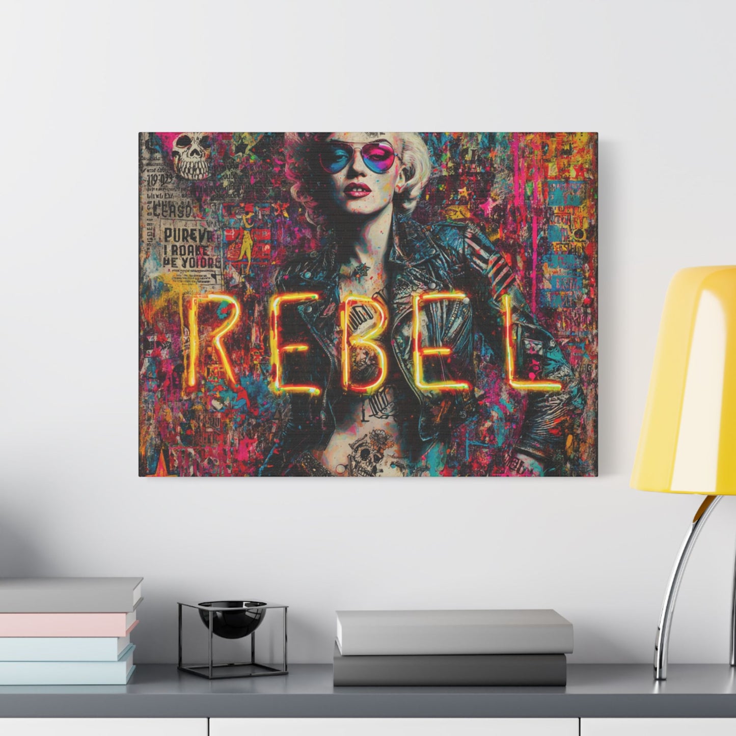 Rebel Art Canvas Wall Decor, Cool Bedroom Wall Art, Modern Aesthetic Home Decor, Gift for Artists, Neon Artwork