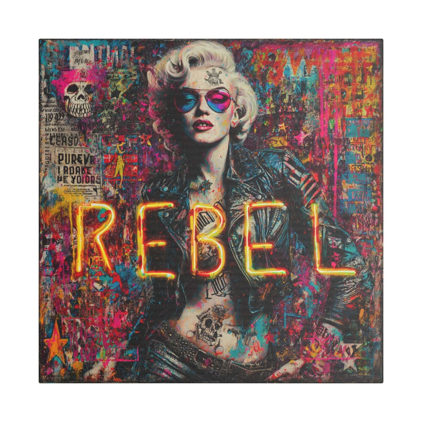 Rebel Art Canvas Wall Decor, Cool Bedroom Wall Art, Modern Aesthetic Home Decor, Gift for Artists, Neon Artwork
