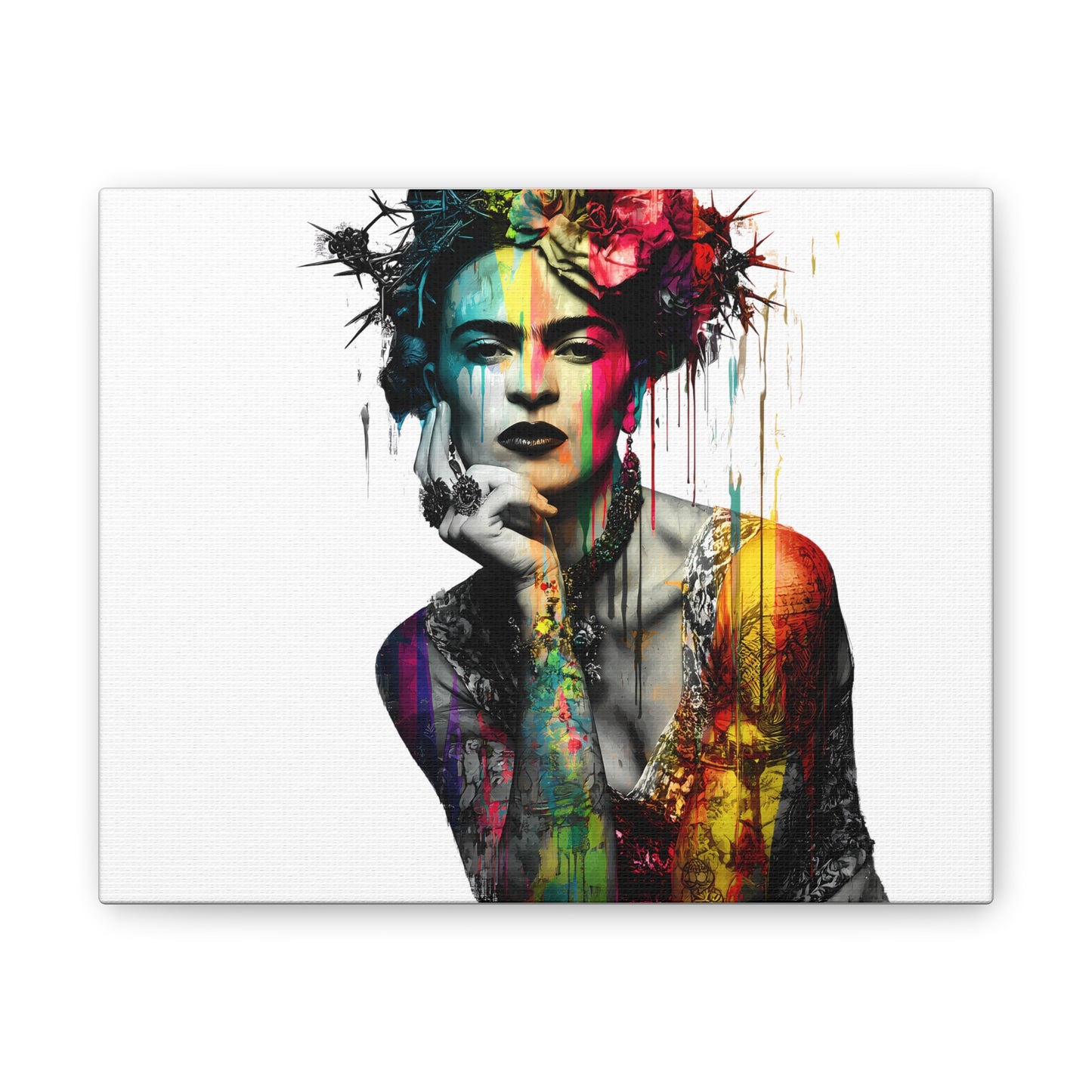 Frida Kahlo inspired Floral Canvas Art - Vibrant Stretched Wall Decor