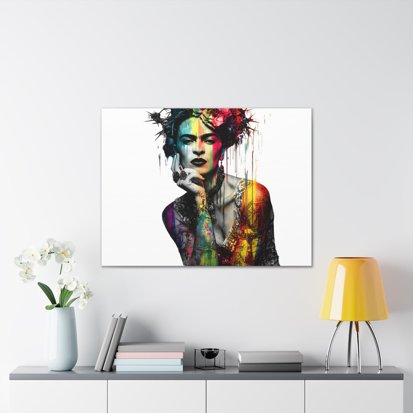Frida Kahlo inspired Floral Canvas Art - Vibrant Stretched Wall Decor