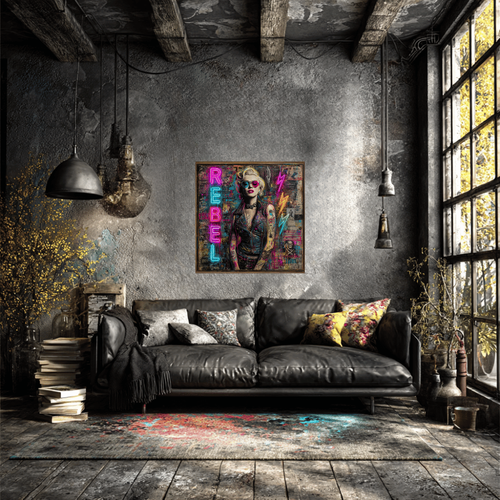 Rebel Art Canvas Wall Decor, Cool Bedroom Wall Art, Modern Aesthetic Home Decor, Gift for Artists, Neon Artwork
