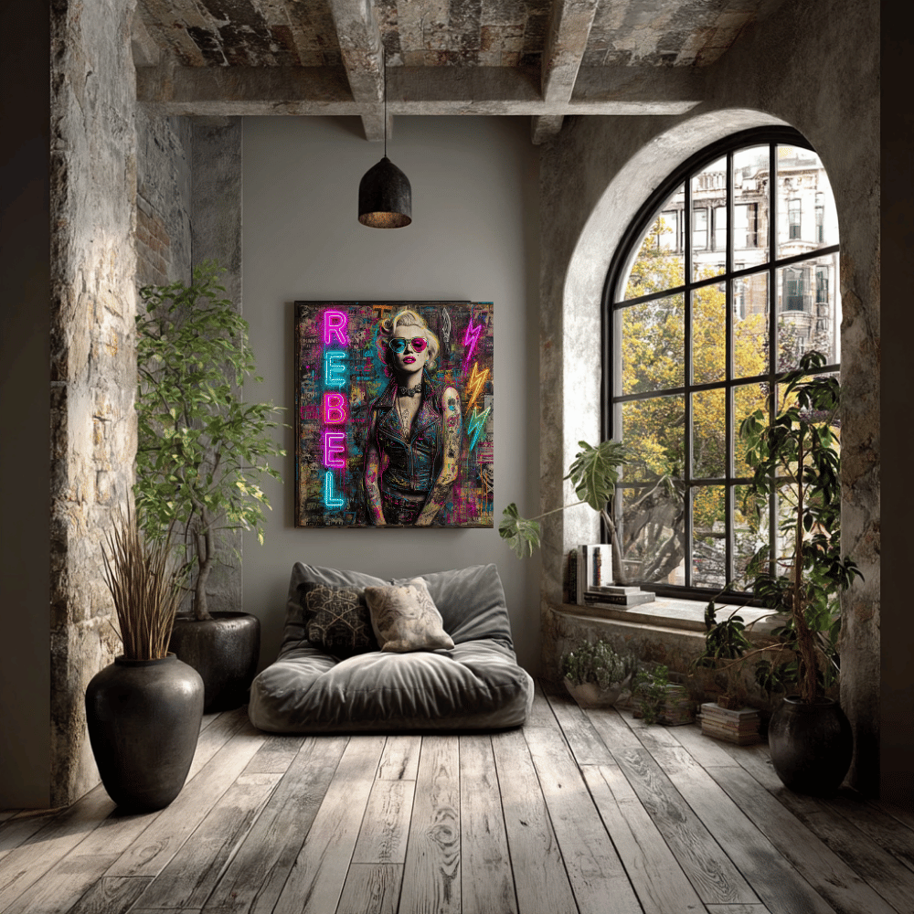 Rebel Art Canvas Wall Decor, Cool Bedroom Wall Art, Modern Aesthetic Home Decor, Gift for Artists, Neon Artwork