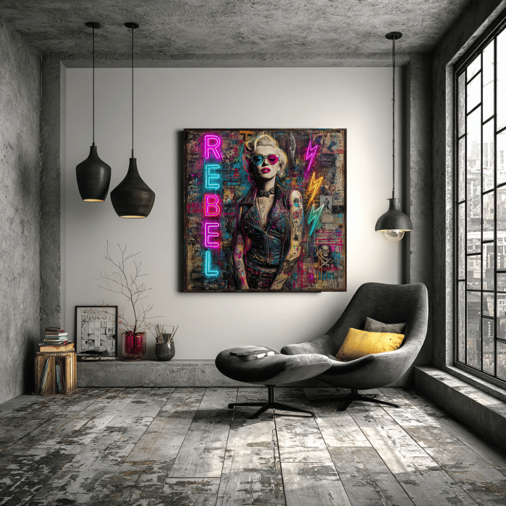 Rebel Art Canvas Wall Decor, Cool Bedroom Wall Art, Modern Aesthetic Home Decor, Gift for Artists, Neon Artwork