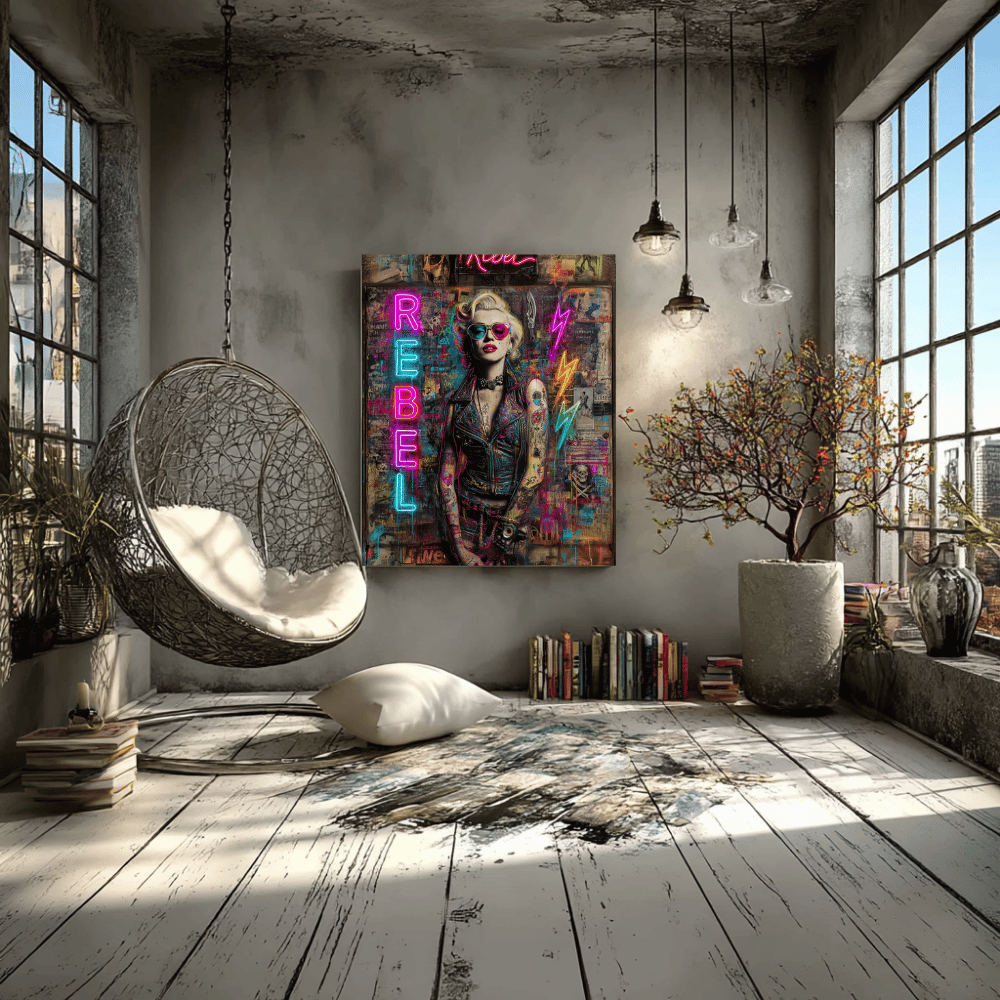 Rebel Art Canvas Wall Decor, Cool Bedroom Wall Art, Modern Aesthetic Home Decor, Gift for Artists, Neon Artwork