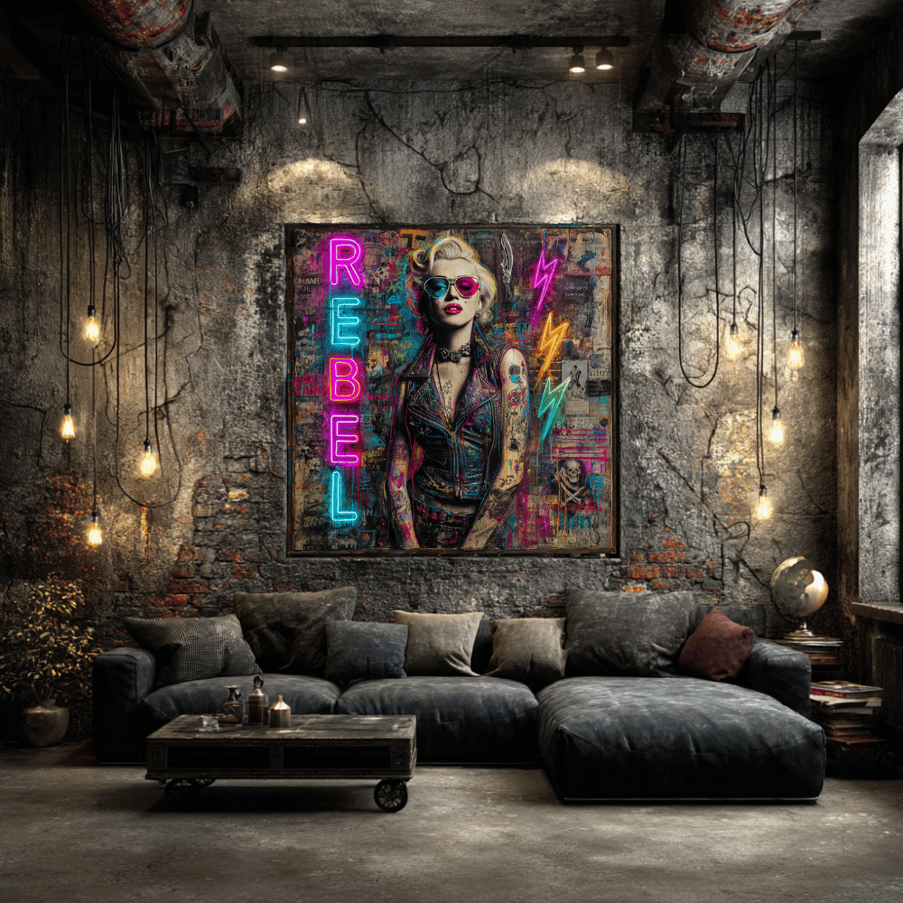 Rebel Art Canvas Wall Decor, Cool Bedroom Wall Art, Modern Aesthetic Home Decor, Gift for Artists, Neon Artwork
