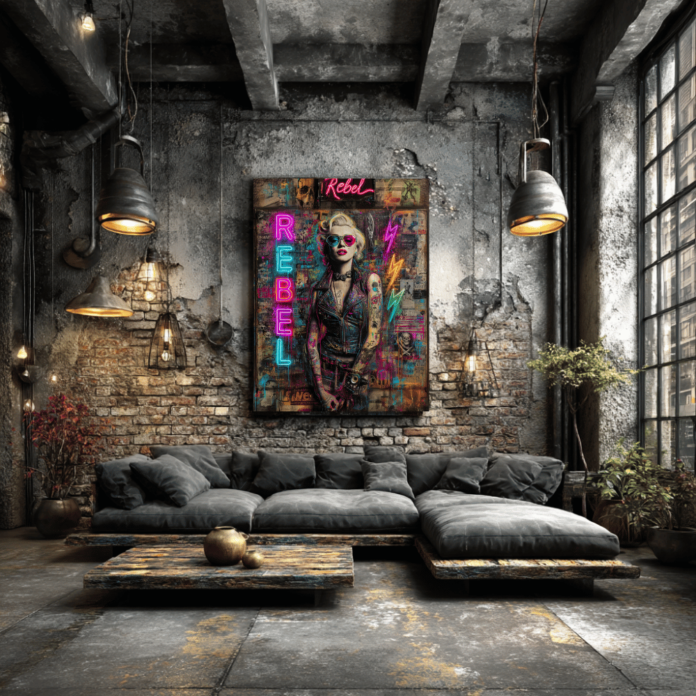 Rebel Art Canvas Wall Decor, Cool Bedroom Wall Art, Modern Aesthetic Home Decor, Gift for Artists, Neon Artwork