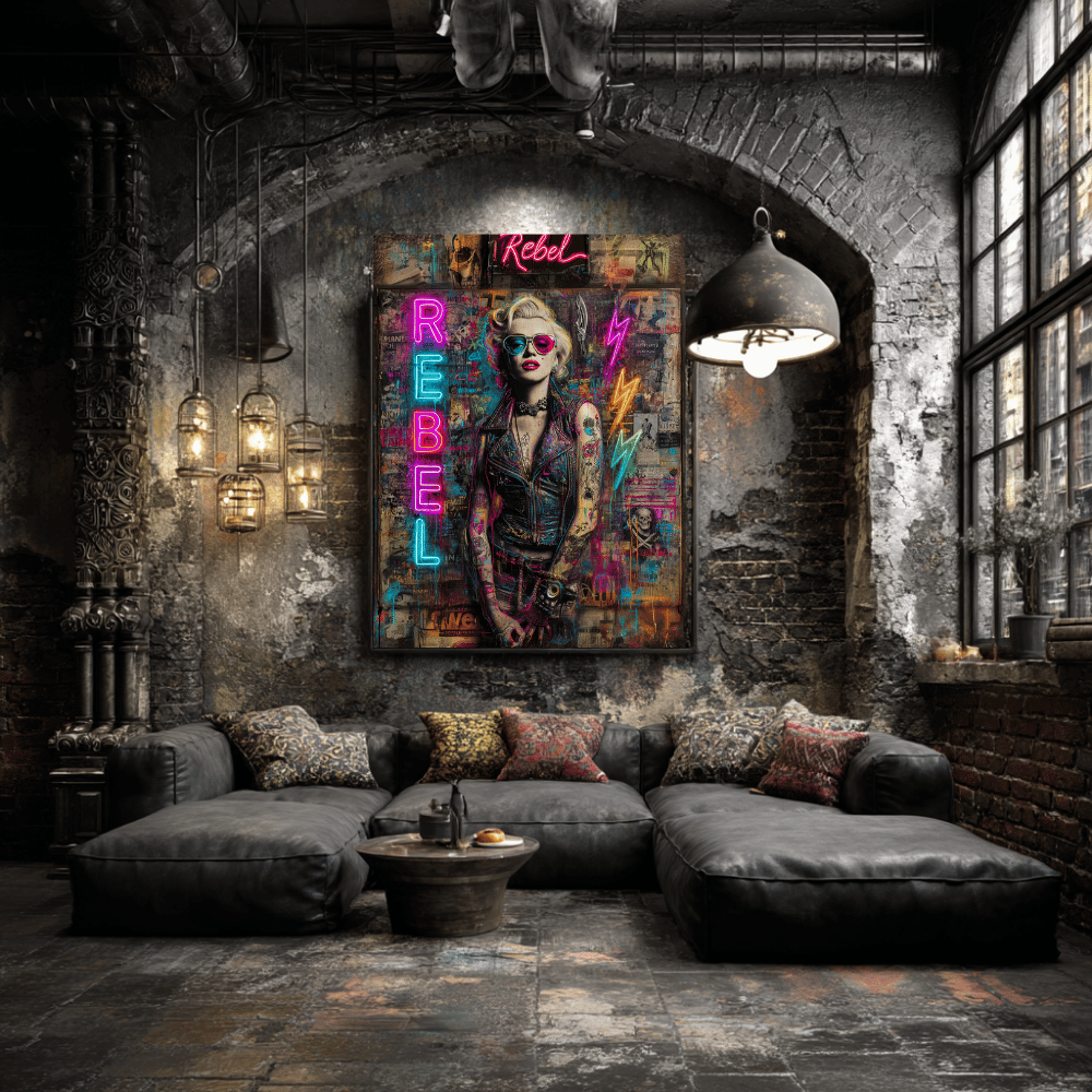Rebel Art Canvas Wall Decor, Cool Bedroom Wall Art, Modern Aesthetic Home Decor, Gift for Artists, Neon Artwork